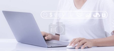 Photo for Businessman using a computer to document management concept, graphic technology icon New business ideas in the 21st century digital age, white background - Royalty Free Image