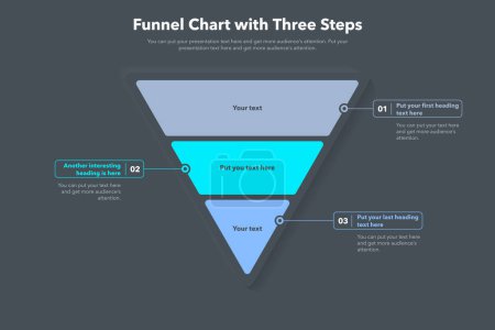 Illustration for Funnel chart template with three steps - dark version. Slide for business presentation. - Royalty Free Image