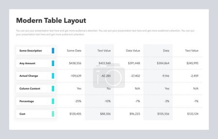 Illustration for Modern table layout template with six colorful rows. Flat infographic design. - Royalty Free Image