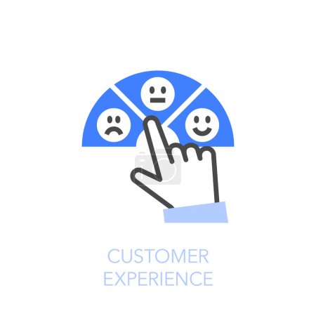Illustration for Simple visualised customer experience icon symbol with a satisfaction meter and a hand. - Royalty Free Image