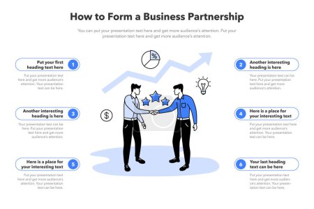 Téléchargez les illustrations : Modèle infographique simple pour former un partenariat d'affaires. Modèle avec deux hommes d'affaires serrant la main comme un symbole principal. - en licence libre de droit