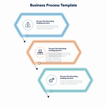 Téléchargez les illustrations : Infographie pour les processus d'affaires avec trois étapes colorées. Modèle plat simple pour la visualisation des données. - en licence libre de droit