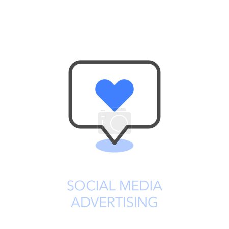 Téléchargez les illustrations : Symbole simple d'icône de publicité sur les médias sociaux visualisés avec une bulle et un cœur. - en licence libre de droit