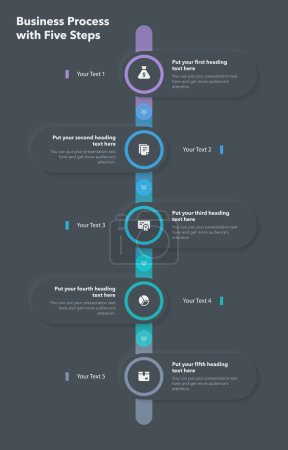 Illustration for Simple infographic for business process with five steps - dark version. Slide for business presentation. - Royalty Free Image