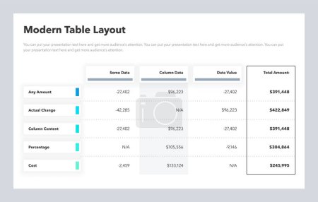 Illustration for Modern table layout template with a total amount column. Simple flat template for data visualization. - Royalty Free Image