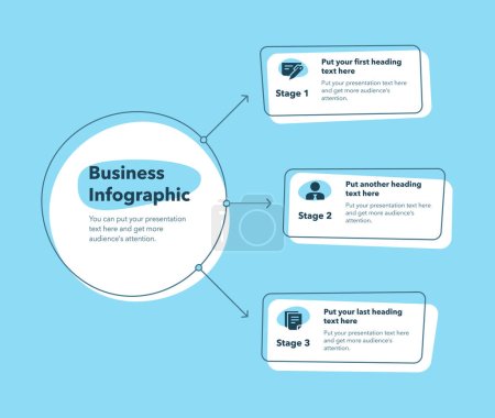 Téléchargez les illustrations : Business infographic with three stages - blue version. Slide for business presentation. - en licence libre de droit