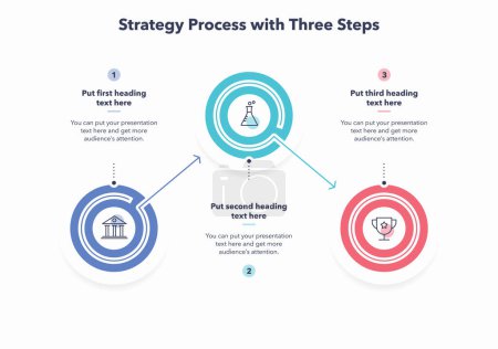 Ilustración de Strategy process template with three colorful steps. Simple flat template for data visualization. - Imagen libre de derechos