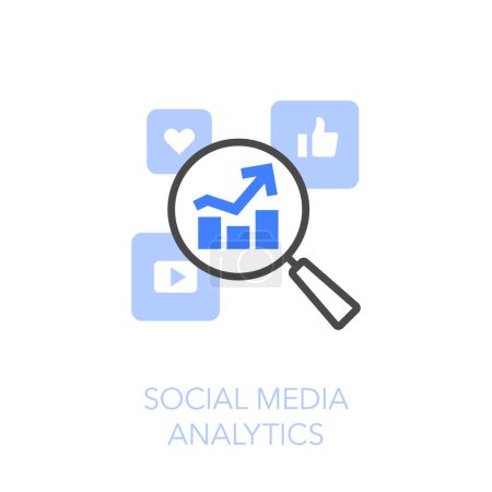 Téléchargez les illustrations : Simple visualised social media analytics icon symbol with a magnifier and social bubbles. - en licence libre de droit