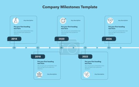 Ilustración de Plantilla de hitos de la empresa con cinco pasos - versión azul. Diapositiva para presentación de negocios. - Imagen libre de derechos