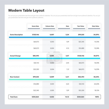 Ilustración de Modern table layout template with a total sum row. Simple flat template for data visualization. - Imagen libre de derechos