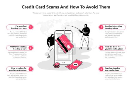 Ilustración de Simple infographic template for credit card scams and how to avoid them. 6 stages template with a smartphone and two hackers as a main symbol. - Imagen libre de derechos