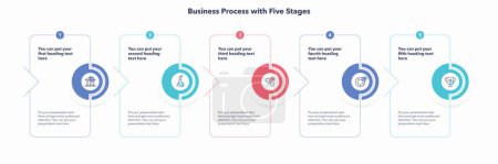Ilustración de Business process template with five colorful stages. Flat infographic design with minimalistic icons. - Imagen libre de derechos