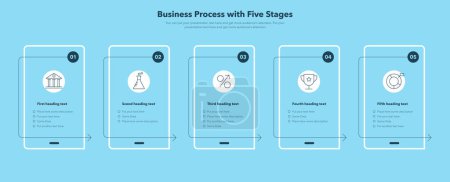 Ilustración de Simple infographic for business process - blue version. Creative diagram divided into five stages. - Imagen libre de derechos