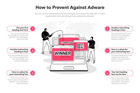 Ilustración de Simple infographic template for how to prevent against adware. 6 stages template with a laptop and and popup advertising windows as a main symbol. - Imagen libre de derechos