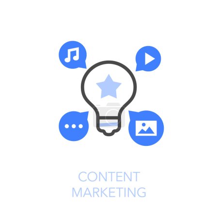 Ilustración de Simple visualised content marketing icon symbol with a light bulb and social media channels. - Imagen libre de derechos