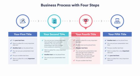 Ilustración de Business process template with four colorful steps. Modern diagram with flat colorful icons. - Imagen libre de derechos