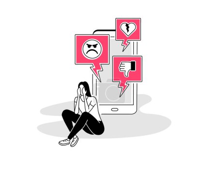 Téléchargez les illustrations : Illustration of a cyberbullying symbol with a smartphone and a person in depression. - en licence libre de droit