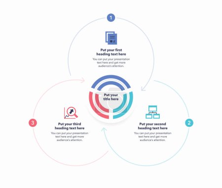 Téléchargez les illustrations : Simple infographic for business analytics with three stages. Modern diagram with flat colorful icons. - en licence libre de droit