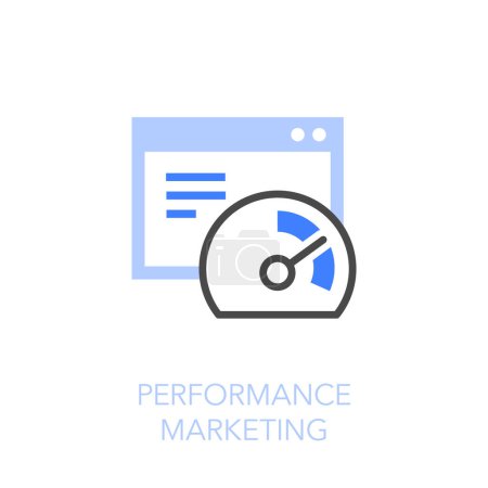 Ilustración de Simple visualised performance marketing icon symbol with an application window and a speedometer. - Imagen libre de derechos