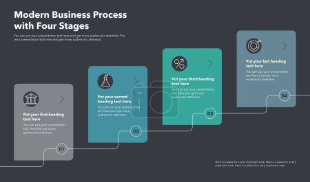 Téléchargez les illustrations : Business process template with four stages - dark version. Easy to use for your website or presentation. - en licence libre de droit