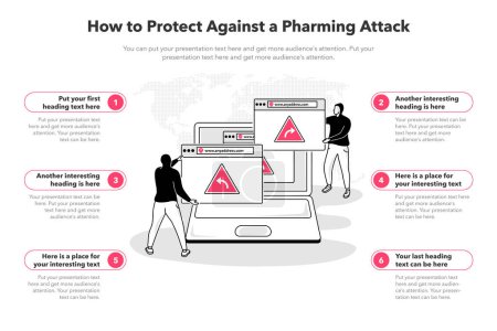 Illustration for Simple infographic template for how to protect against a pharming attack. 6 stages template with a laptop and two hackers with several browser windows. - Royalty Free Image