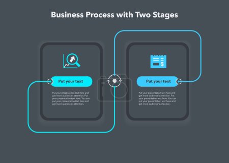 Téléchargez les illustrations : Diagramme simple pour le processus d'affaires avec deux étapes - version sombre. Modèle plat simple pour la visualisation des données. - en licence libre de droit