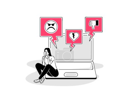 Illustration for Illustration of a cyberbullying symbol with a laptop and a person in depression. Picture for presentation. - Royalty Free Image