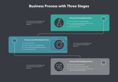 Illustration for Simple vertical business process template - dark version. Concept of three stages with minimalistic icons. - Royalty Free Image