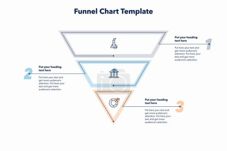 Illustration for Funnel chart template with three colorful sections. Creative diagram divided into three steps with minimalistic icons. - Royalty Free Image