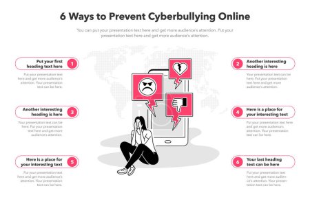 Illustration for Simple infographic template for how to prevent cyberbullying online. 6 stages template with a smartphone and a person in depression. - Royalty Free Image