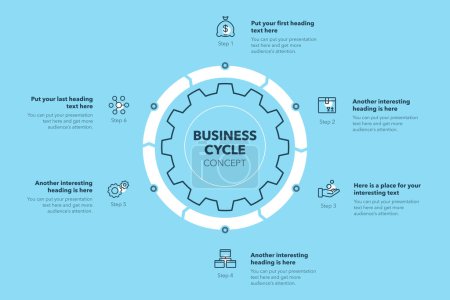 Illustration for Business cycle template with six stages - blue version. Easy to use for your website or presentation. - Royalty Free Image