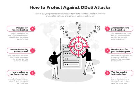 Téléchargez les illustrations : Modèle infographique simple pour comment se protéger contre les attaques DDoS. Modèle 6 étapes avec deux pirates inonder un serveur ciblé avec le trafic Internet. - en licence libre de droit