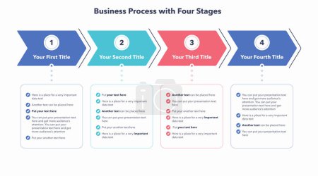 Ilustración de Infografía de procesos de negocio con cuatro etapas coloridas. Plantilla de presentación plana con cuatro flechas y lugar para su contenido. - Imagen libre de derechos