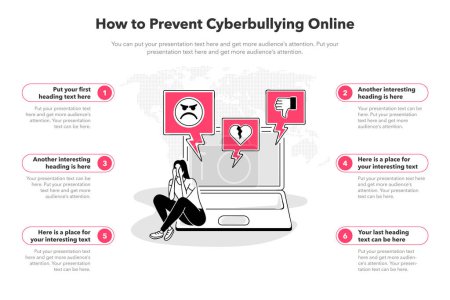 Illustration for Simple infographic template for how to prevent cyberbullying online. 6 stages template with a laptop and a person in depression. - Royalty Free Image
