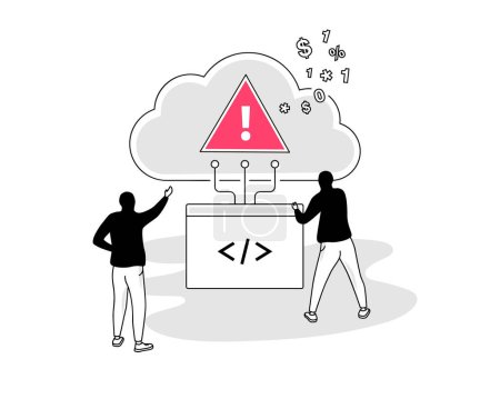 Ilustración de Ilustración del símbolo de amenazas de terceros en la nube con dos hackers que utilizan una API insegura para acceder a un servidor objetivo. - Imagen libre de derechos