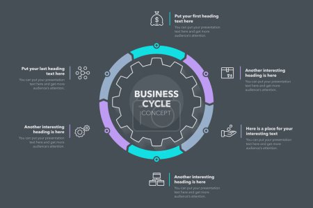 Illustration for Business cycle template with six colorful stages - dark version. Easy to use for your website or presentation. - Royalty Free Image