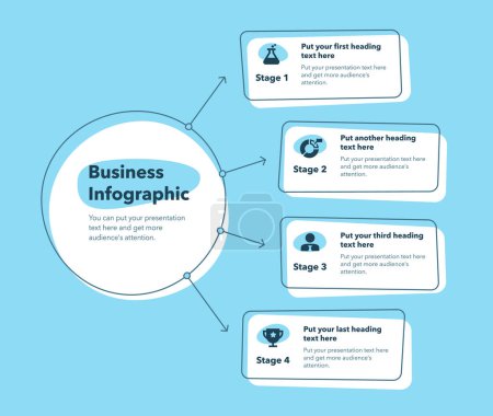 Téléchargez les illustrations : Infographie d'entreprise avec quatre étapes - version bleue. Diapositive pour présentation d'entreprise. - en licence libre de droit