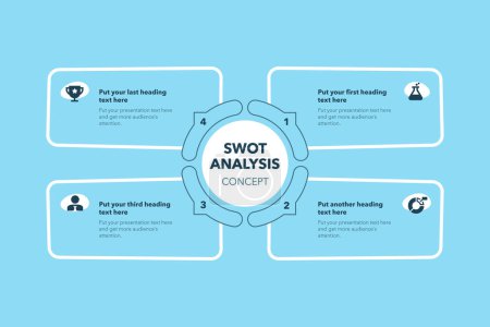 Ilustración de Concepto de análisis de Swot con cuatro pasos y lugar para su descripción - versión azul. Plantilla de diseño de infografía plana para sitio web o presentación. - Imagen libre de derechos