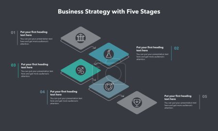Ilustración de Plantilla de estrategia empresarial con cinco etapas y lugar para tu contenido - versión oscura. Diseño de infografía plana. - Imagen libre de derechos
