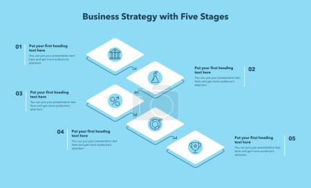 Ilustración de Plantilla de estrategia empresarial con cinco etapas y lugar para tu contenido - versión azul. Diseño de infografía plana. - Imagen libre de derechos