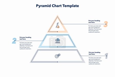 Téléchargez les illustrations : Modèle de graphique pyramidal avec trois étapes colorées. Diagramme créatif divisé en trois étapes avec des icônes minimalistes. - en licence libre de droit