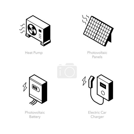 Téléchargez les illustrations : Ensemble simple d'icônes d'énergie renouvelable. Contient des icônes telles que pompe à chaleur, panneaux photovoltaïques, batterie photovoltaïque et chargeur de voiture électrique. - en licence libre de droit