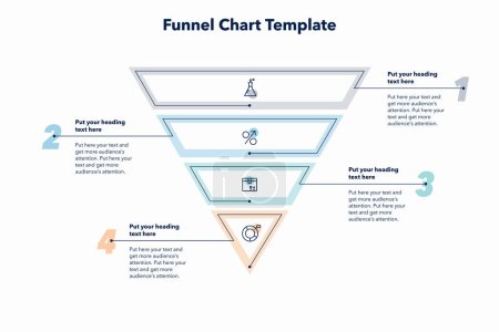 Illustration for Funnel chart template with 4 colorful sections. Creative diagram divided into four parts with minimalistic icons. - Royalty Free Image