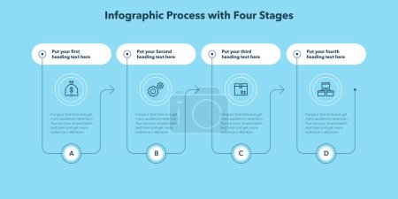 Illustration for Horizontal process infographic template with four options - blue version. Flat presentation diagram with thin lines and minimalistic icons. - Royalty Free Image