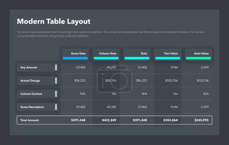 Illustration for Modern table layout template with a total amount row - dark version. Simple flat template for project data visualization. - Royalty Free Image