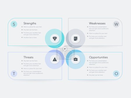 Illustration for SWOT diagram template with four colorful choices. Flat presentation chart with thin lines, icons and places for your content. - Royalty Free Image