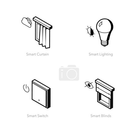 Ilustración de Conjunto simple de iconos del hogar inteligente. Contiene símbolos tales como cortina inteligente, iluminación inteligente, interruptor inteligente y persianas inteligentes. - Imagen libre de derechos