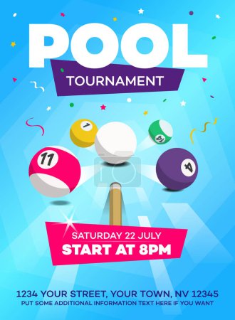 Illustration for Pool billiards tournament invitation poster template. Modern design for your local club game competition. - Royalty Free Image