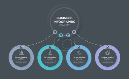Illustration for Business infographic template with four colorful options - dark version. SImple chart design for workflow layout, diagram, banner, web design. - Royalty Free Image