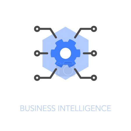 Téléchargez les illustrations : Symbole d'icône de business intelligence visualisée simple avec roue dentée connectée à plusieurs sources de données. - en licence libre de droit